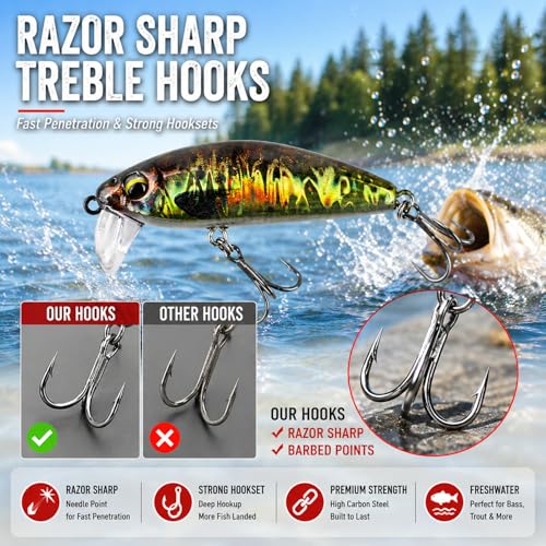Pack for Trail Fishing Lures for Bass, Sinking Minnow Jerkbait with Box, Long Casting Wobbling Crankbait, 3D Eyes & Sharp Treble Hooks, Freshwater Fishing Hard Baits for Bass Walleye Crappie