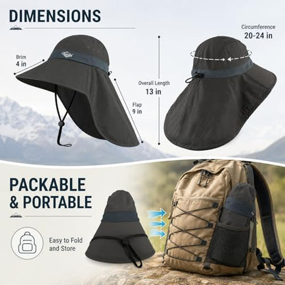 Palmyth Fishing Hat UPF 50+ Sun Protection Neck Flap Hat for Men and Women | Cooling Neck Flap, Water Resistant, Wide Brim, Detachable Chin Strap, Breathable Mesh, Sweatband, Adjustable Buckle, Packable - color: Carbon