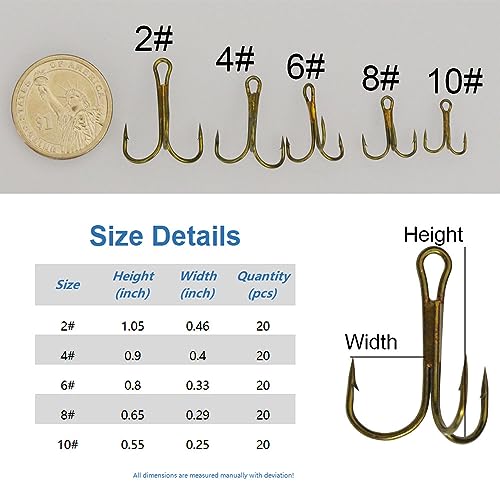 20pc/Box Fishing Treble Hooks Set High Carbon Steel Fishing Hooks Classic Round Bend Hook 2# 4# 6# 8# 10# - color: Tea, size: 4#-20pcs