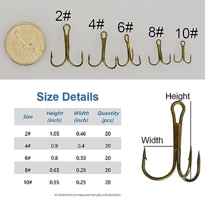 20pc/Box Fishing Treble Hooks Set High Carbon Steel Fishing Hooks Classic Round Bend Hook 2# 4# 6# 8# 10# - color: Tea, size: 10#-20pcs