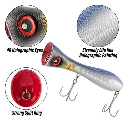 Dr.Fish Popper Saltwater Fishing Lures, 8 Inches GT Popper VMC Treble Hooks Surf Fishing Lures for Striper Tuna Barracuda Mackerel Snapper Bluefish Pencil Plugs Offshore - color: Chrome Blue(8")-1 Pack