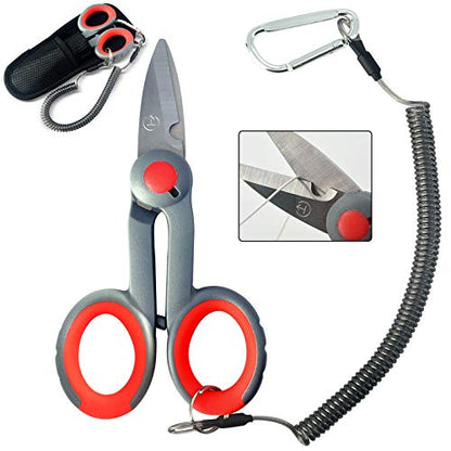 BXIO Fishing Scissors with Fishing Lanyard and Nylon Sheath, Braided Line Tools, Heavy Duty Anti-Slip Fiber Cable Cutter, Stainless Steel Fishing Pliers Scissors with Grinding Hook Tool - color: Grey Red