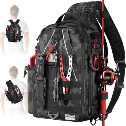 Ghosthorn Fishing Backpack with Tackle Boxes Fish Lip Gripper Pliers Lures Waterproof Tackle Bag with Rod Holder Fishing Gear - color: Black Camouflage, size: Standard