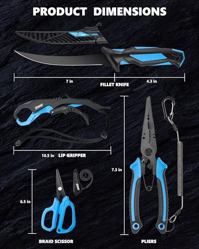 Fishing Tool Kit, Fishing Gear - Fishing Plier with Sheath, Fillet Knife, Fishing Scissors, Fish Lip Gripper, Tool Retractor, Keychain Bottle Opener, Fishing Gifts for Men - color: Blue-4Pcs