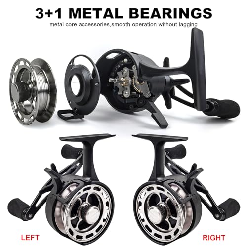 Ice Fishing Reels 3.2:1 Gear Ratio Ultra Smooth 3+1Ball Bearings Strength CNC-machined Aluminum Inline Ice Fishing Reel with Left/Right Hand Retrieve - color: Black-Right Hand Retreive