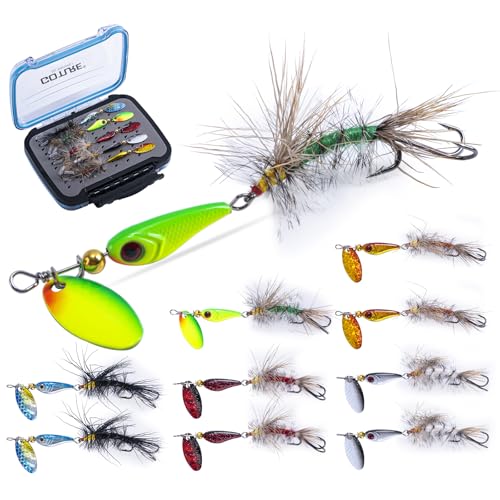 Goture Trout Lures Fishing Spinners,Rooster Bait Tail Bass Fishing Lures with Brass Spinner Blade Fish-Shaped Jig Heads for Freshwater Saltwater,Salmon Steelhead Trout Spinner Bait with Tackle Box - color: A:10pcs Trout Spinners