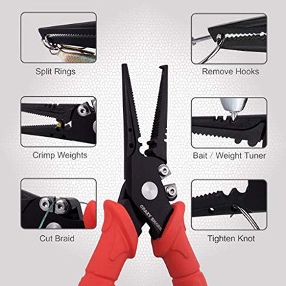 Fishing Pliers, Stainless Steel Fishing Tools, Saltwater Resistant Fishing Gear, Tungsten Carbide Cutters, Split Ring Pliers, Hook Remover with Coiled Lanyard and Sheath - color: Red - 7" Split Ring Nose