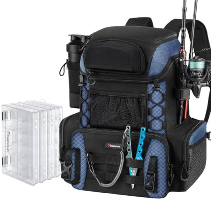 Piscifun Fishing Tackle Backpack with Rod Holders & 4 Tackle Boxes, 42L Outdoor Fishing Bag with Waterproof Rain Cover - color: Black