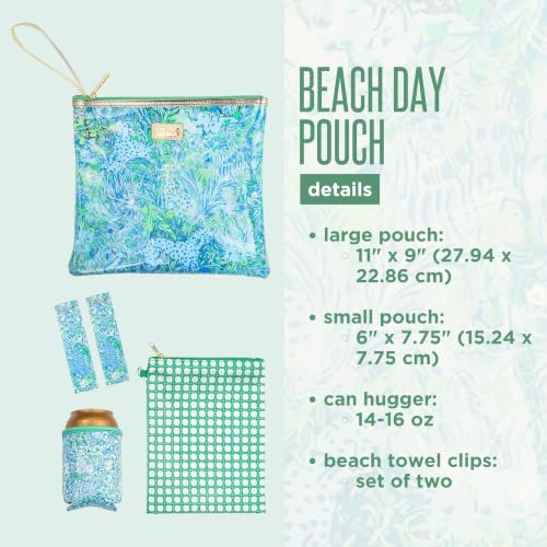 Lilly Pulitzer Water Resistant Vinyl Beach Day Pouch, Zipper Bag Includes Drink Hugger, Small Pouch, and Towel Clips - color: Dandy Lions