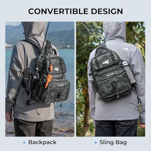 KastKing BaitSpace Fishing Sling Bag, Fishing Backpack with Rod & Beverage Holder, Tackle Bag for Fishing Gear - color: E: Black Camo - with (2) 3600 tackle boxes, size: Large