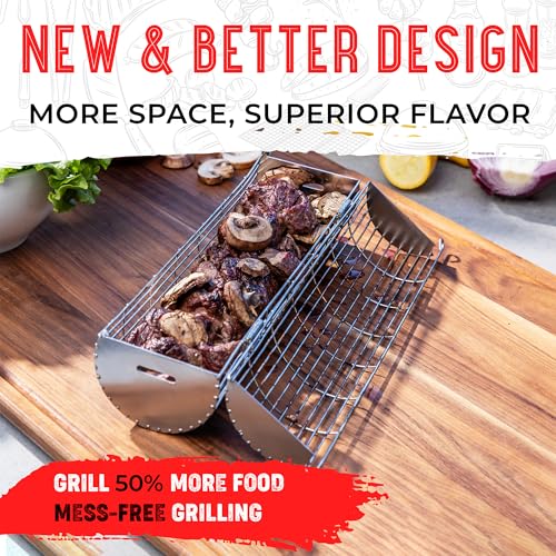 SHIZZO Extra Sturdy Rolling Grill Basket, Removable Handle, Set of 2 | Grilling Rack, Stainless Steel, Outdoor Camping accessories BBQ Net, Griller for Fish, Vegetables, Gifts for Men Dad Husband
