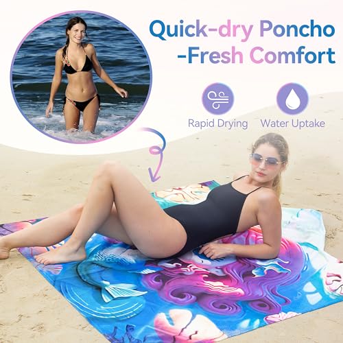 Catalonia Mermaid Hooded Towel for Adults, Quick-Dry Sand-Free Beach Poncho with Hood, Summer Gift for Girls - color: Mermaid