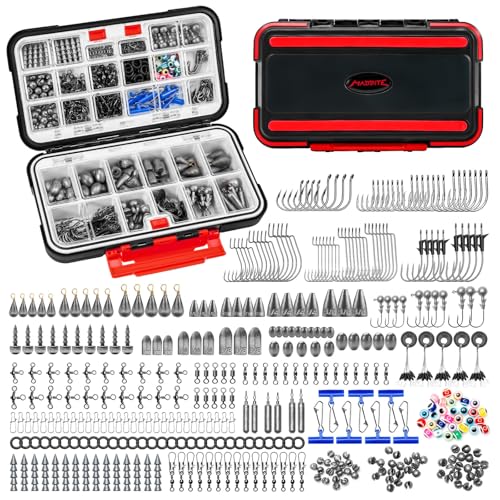 MadBite by KastKing 182/265/400pcs Compact Fishing Tackle Kit - All-in-One Freshwater Hooks, Weights, Bobbers in Tackle Box, Fishing Gear Set for Bass Trout Panfish - style: 400pcs Terminal Tackle Kit