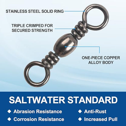 Fishing Barrel Swivels - 50/100 pcs Rolling Ball Bearing Fishing Swivel with Solid Ring Fishing Tackle Hook Line Connector Copper with Stainless Steel Black Nickle Coated Test Strength 35-165lbs - size: 1#