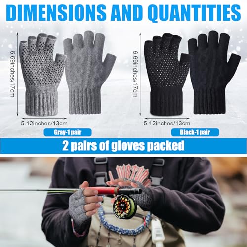 Geyoga 2 Pairs Wool Fingerless Fishing Gloves for Men Women Anti-Slip with Grip Dots Warm Winter Fly Ice Fishing Gloves - color: Black and Gray, style: Fingerless