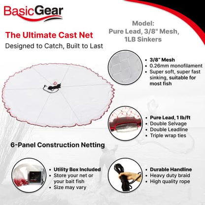 BasicGear Cast Net | Lead, 3ft-12ft Radius, 3/8 or 1/4 inch Mesh for Freshwater and Saltwater Bait Fish| Professional Grade and Upgraded Material | Throw Style - size: 4ft Radius, 3/8" Mesh, 1LB Sinkers