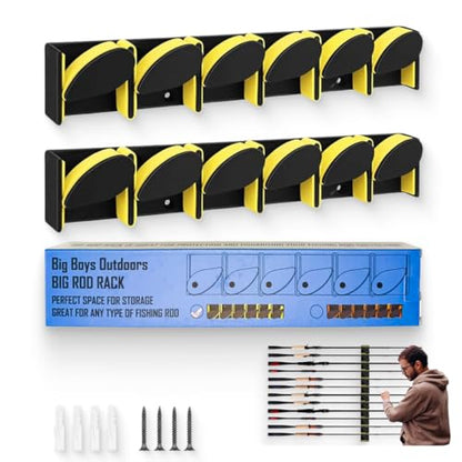 The Big Rod Rack 2 pack Vertical Fishing Rod Holder, Wall Mounted Fishing Rod Rack, Holds Up to 6 Rods or Combos up to 12 (Yellow) - color: Yellow