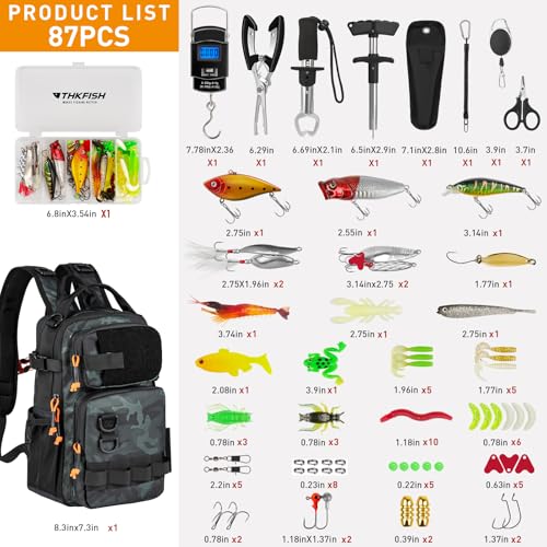 THKFISH Fishing Backpack with Rod Holder, Fishing Tool Kit, Water-Resistant Bag With Fishing Lures Kit, Fishing Tackle Box and Pliers Set for Men Women (Black Camo-87pcs) - color: Camo-87pcs