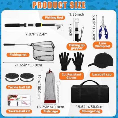 Telescopic Fishing Rod and Reel Combo 2 Pcs Collapsible Fishing Pole Kit with Plier Lip Gripper Lures Carrier Bag Pre-Loaded Spinning Reel for Beginner Men Travel Saltwater Freshwater - size: 7.87ft