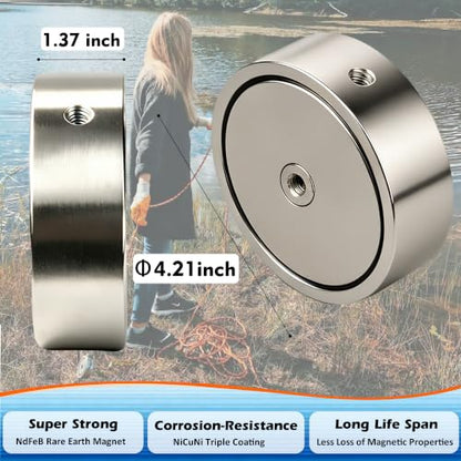 MUTUACTOR Super Strong Fishing Magnet Kit,Φ4.21” Double Sided Heavy Duty Neodymium Magnet,2800lbs Permanent Rare Earth Magnets Fishing with 65FT Rope Gloves for Hunting Retrieval Underwater Searching - style: 2800lb Magnet(Double Sided) with Box--Φ 4.21"