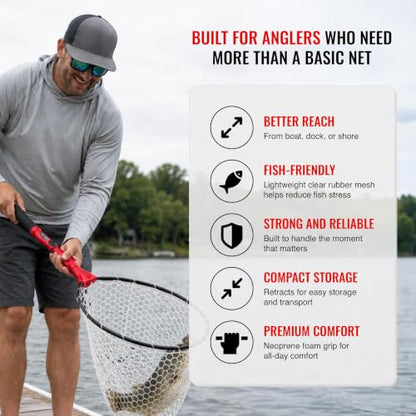 EGO S2 Slider Fishing Net Handle | Adjustable Extension Handle, Minimal Water Drag Design, Ergonomic Foam Grip for Landing Nets - size: 29" to 60" Handle, 17" x 19" Hoop, style: Lightweight Non-tangle Clear Rubber Mesh