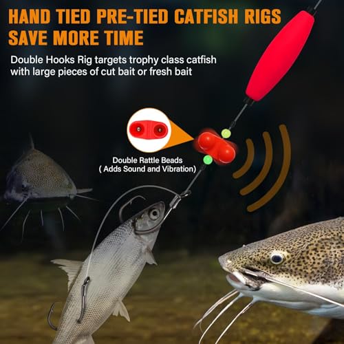 Dovesun Pre-Tied Catfish Rig System, 23 Inch 55LB Santee Cooper Catfish Float Rig with Adjustable EVA Slip Float and High Carbon Circle Hooks 5/0 6/0 8/0, Ready-to-Fish for River and Bank Fishing - color: Cigar Float-5/0+8/0Hook * 6PCS