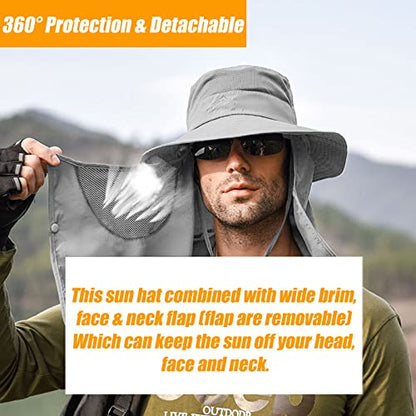 Fishing Hat for Men & Women, Outdoor UV Sun Protection Wide Brim Hat with Face Cover & Neck Flap - color: Grey