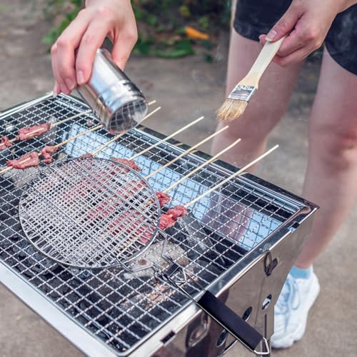 Angoily Grill Basket, Round BBQ Basket Vegetable Roasting Grilling Rack, Portable Stainless Steel Folding Fish Net, Removable Handle Meat Clamp, Outdoor Barbecue Campfire Cookware Accessories