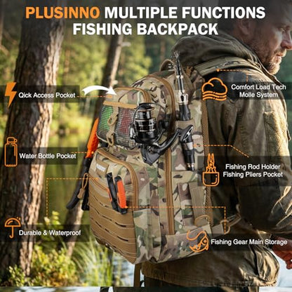 PLUSINNO Fishing Gear, Fishing Backpack with Fishing Rod, Tackle Box, Waterproof Tackle Backpack with Rod Holders,Lures, Tools, Pliers & Accessories, Fish Gifts for Men - color: Orange rod