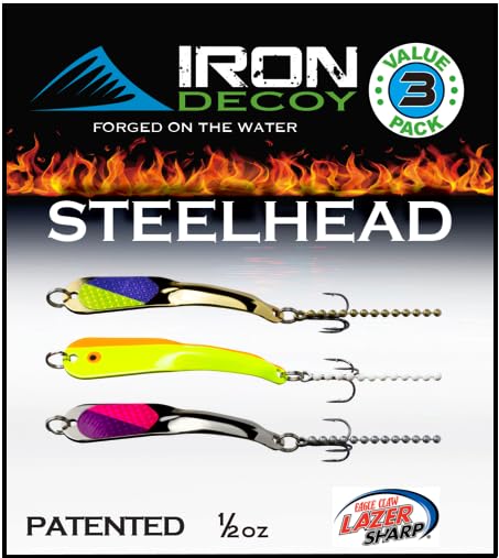 IRON DECOY Spoon Fishing Lures 3-Pack, Multi-Species Metal Spoons for Trout, Walleye, Bass, Salmon, Pike, Ice Fishing & Trolling, Vibrating Spoon Lure Kit - color: Steelhead, 1/2 oz