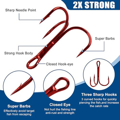 Fishing Treble Hooks Kit,160pcs High Carbon Steel Treble Hooks Strong Sharp Round Bend with Split Rings for Lures Baits Saltwater Freshwater Fishing Size 2# 4# 6# 8# 10# - color: Red Treble Hook Kit