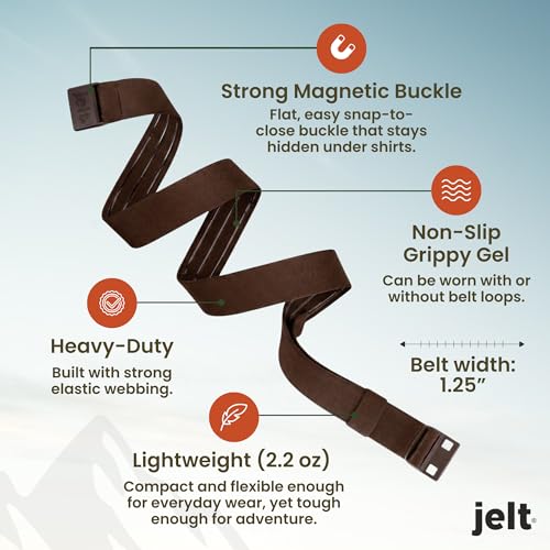 JeltX Adjustable Elastic Belts for Men and Women, Non-Slip Stretch Belt with Magnetic Belt Buckle and Grippy Gel - color: Brown