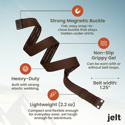 JeltX Adjustable Elastic Belts for Men and Women, Non-Slip Stretch Belt with Magnetic Belt Buckle and Grippy Gel - color: Brown