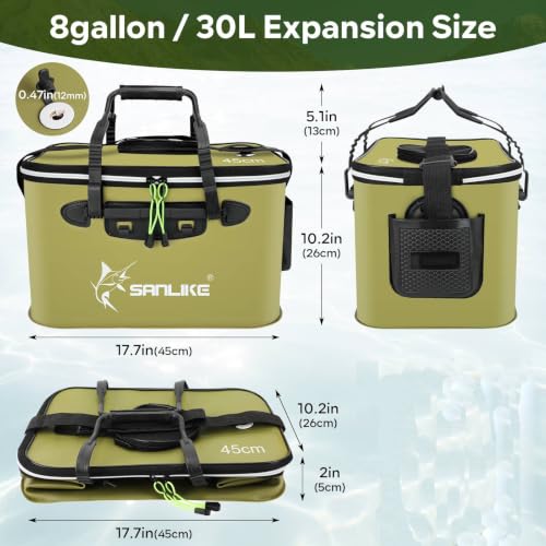 SANLIKE Foldable EVA Live Fish Bucket 35-45CM Leakproof Fishing Bait Pail | Leakproof EVA, 3 sizes. Strap, tackle pocket & mesh lid. Easy clean, dual colors for kayak bank fishing