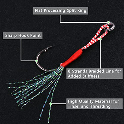 Fishing Assist Hooks Kit, 60pcs Stinger Jigging Assist Hooks Slow Pitch Jig Fishing Hooks Saltwater with Mylar Flash Teasers PE Line for Vertical Jigging Lures