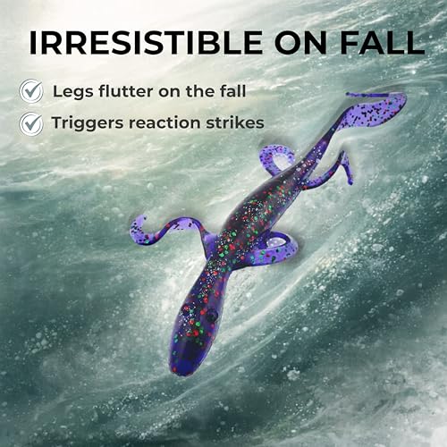 Wild Lizard Soft Lure, 5.5 Inch Scented Creature Bait for Bass Fishing, Active Legs & Tail, Dense Salt Body for Natural Sink, Ideal for Texas & Carolina Rig, 10-Pack - color: Junebug