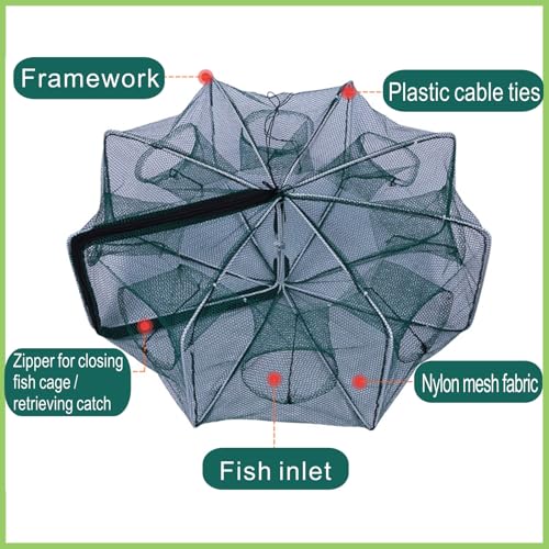 Foldable Fish Trap Net with 8 Holes, Collapsible Fishing Bait Trap for Minnow, Crab, Shrimp, Crawfish, 2 Pack