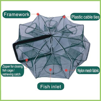 Foldable Fish Trap Net with 8 Holes, Collapsible Fishing Bait Trap for Minnow, Crab, Shrimp, Crawfish, 2 Pack