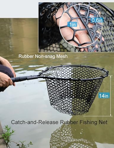 Hlotmeky Extra Long Fishing Net - 70" Telescoping Handle Large Rubber Landing Net for Kayak, Pier & Boat - Foldable Heavy Duty Saltwater Net - Catch & Release Snag-Free Mesh for Large Fish