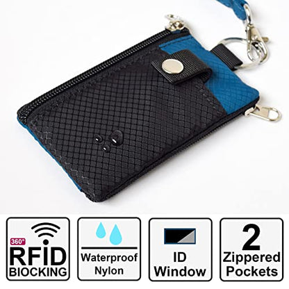 CHENSPRX Minimalist RFID Blocking Small Wallet with ID Window,WaterResistant Zip Id Case Wallet with Lanyard Keychain for Cards,Cash,Travel,Women,Men - color: Black+ElectricBlue