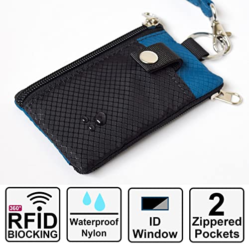 CHENSPRX Minimalist RFID Blocking Small Wallet with ID Window,WaterResistant Zip Id Case Wallet with Lanyard Keychain for Cards,Cash,Travel,Women,Men - color: Black+ElectricBlue