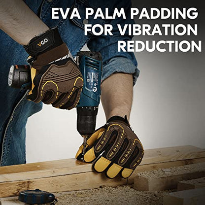 Vgo... 1-Pair Heavy Duty Synthetic Leather Work Gloves, Impact Protection Mechanic Gloves, Rigger Gloves, Vibration Reduction, Touchscreen Capable (Size M, Brown, SL8849) - color: Brown-regular, size: Medium (1 Pair)