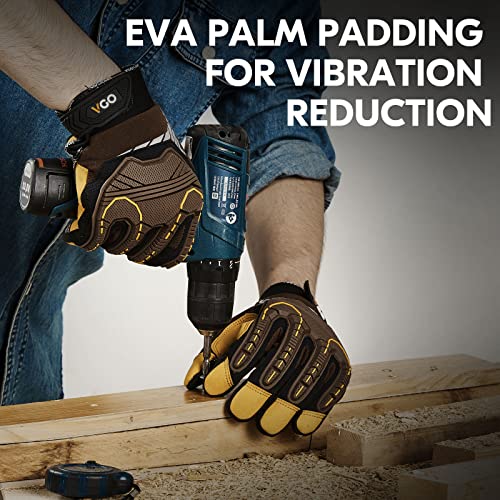 Vgo... 1-Pair Heavy Duty Synthetic Leather Work Gloves, Impact Protection Mechanic Gloves, Rigger Gloves, Vibration Reduction, Touchscreen Capable (Size L, Brown, SL8849) - color: Brown-regular, size: Large (1 Pair)