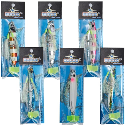 Saltwater Fishing Lures Metal Jigs Vertical Jigging Lure with Treble & Double Assist Hooks, 35-100g 6 pack Laser Glow Spoon Speed Sinking Slow Pitching Jig Offshore Targeting Tuna Mahi-Mahi Yellowtail - size: 80g/2.82oz