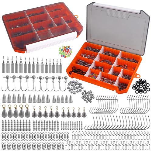 345pcs Fishing Accessories Kit, Fishing Tackle Box with Jig Head Hooks Worm Hooks Weights Sinkers Swivels Snaps Beads, Fishing Gear Set Equipment for Bass Trout Saltwater Freshwater Fishing - style: 345pcs Fishing Accessories Kit