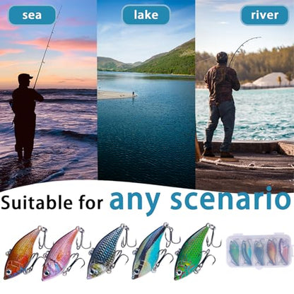 Lipless Crankbait Rattling Fishing Lures – 5 Pack Hard Baits with Steel Balls & Sharp Treble Hooks for Bass, Trout, Walleye, Pike, Redfish, Freshwater & Saltwater, with Box