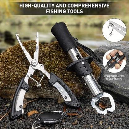THKFISH Fishing Tool Kit, Backpack and Tackle Box with Tackle Included Lures Hooks Sinkers Accessories Kit,Pliers, Fish Lip Gripper, Fishing Gear and Fishing Gift for Men (Black Camo-87pcs) - color: BlackCamo