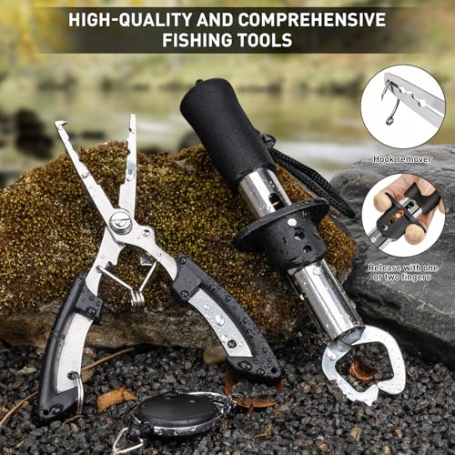 THKFISH Fishing Backpack with Rod Holder, Fishing Tool Kit, Water-Resistant Bag With Fishing Lures Kit, Fishing Tackle Box and Pliers Set for Men Women (Black Camo-87pcs) - color: Camo-87pcs