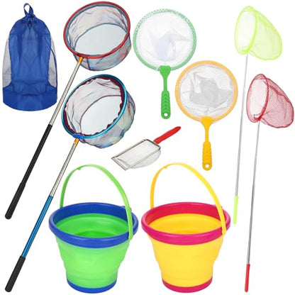 2 Pack Telescopic Kids Fishing Net with Handle, 2 Collapsible Bucket Sand Pail, Stainless Steel Foldable Fishing Net Small Fishing Butterfly Bug Net Beach Shovel with Storage Bag - color: Blue Red Yellow Green