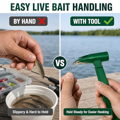 Live Bait Catcher Tool, Fishing Bait Holder and Hooking Aid | For minnows, earthworms, and shrimp during hook setup; compact green design stores easily in a tackle box.